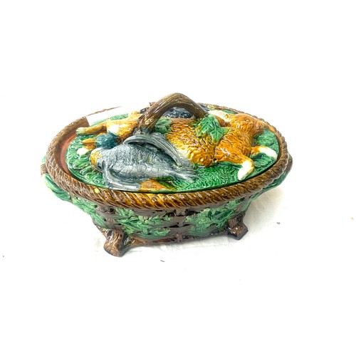 47 - Majolica game pie dish measures approx 15 inches wide by 7 tall