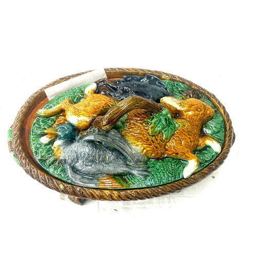 47 - Majolica game pie dish measures approx 15 inches wide by 7 tall