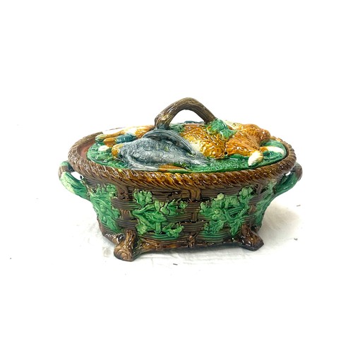 47 - Majolica game pie dish measures approx 15 inches wide by 7 tall