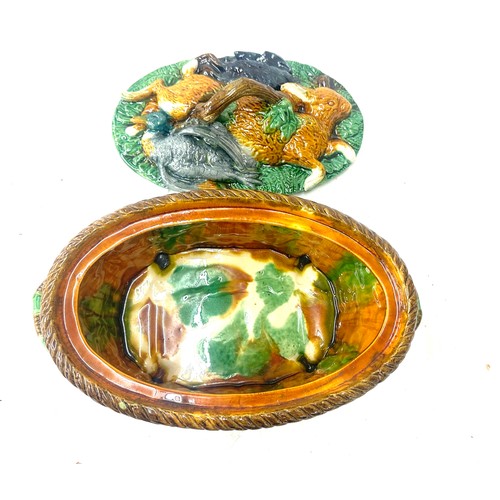 47 - Majolica game pie dish measures approx 15 inches wide by 7 tall