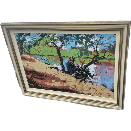 295 - Large framed Rolf Harris painting on canvas measures approx 39 inches tall by 53 inches wide