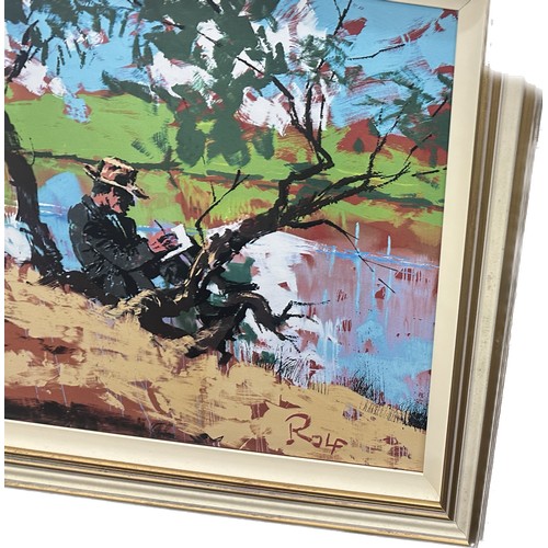 295 - Large framed Rolf Harris painting on canvas measures approx 39 inches tall by 53 inches wide