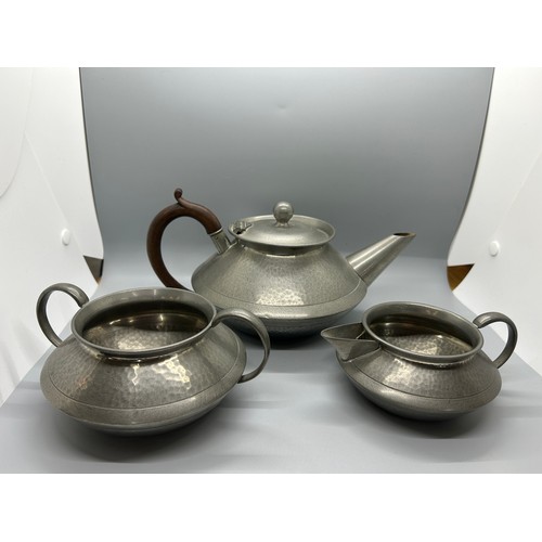 305 - Matching deco style pewter teapot, sugar bowl and jug