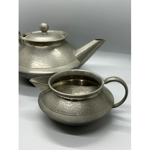 305 - Matching deco style pewter teapot, sugar bowl and jug