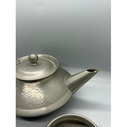 305 - Matching deco style pewter teapot, sugar bowl and jug