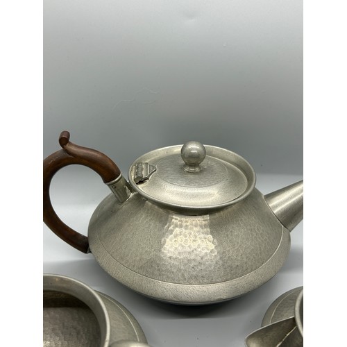 305 - Matching deco style pewter teapot, sugar bowl and jug