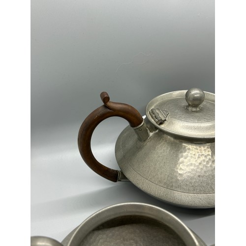 305 - Matching deco style pewter teapot, sugar bowl and jug