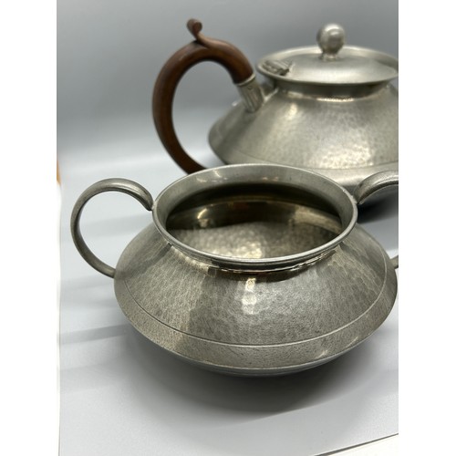 305 - Matching deco style pewter teapot, sugar bowl and jug