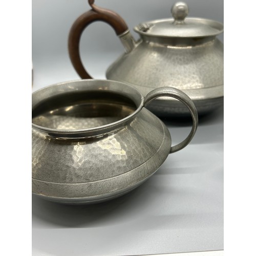 305 - Matching deco style pewter teapot, sugar bowl and jug