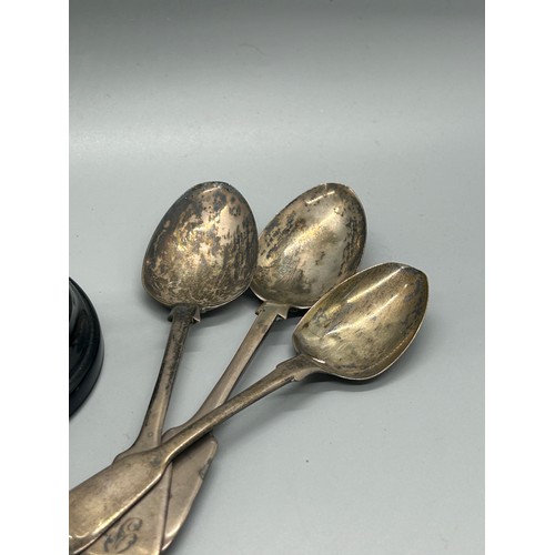 546 - Hallmarked silver trophy with wooden base, 3 silver tea spoons, approximate total silver weight 175g