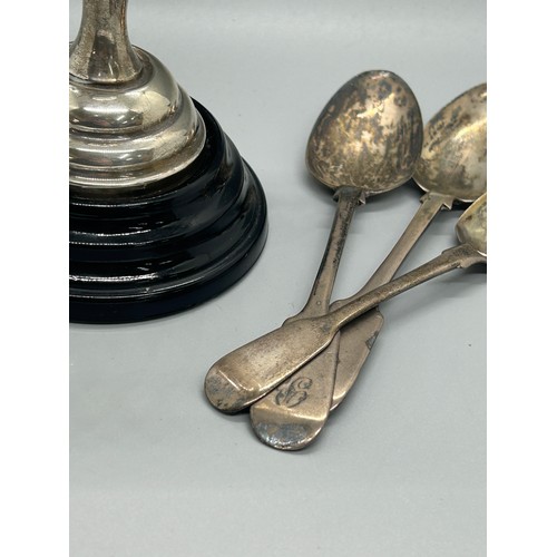 546 - Hallmarked silver trophy with wooden base, 3 silver tea spoons, approximate total silver weight 175g