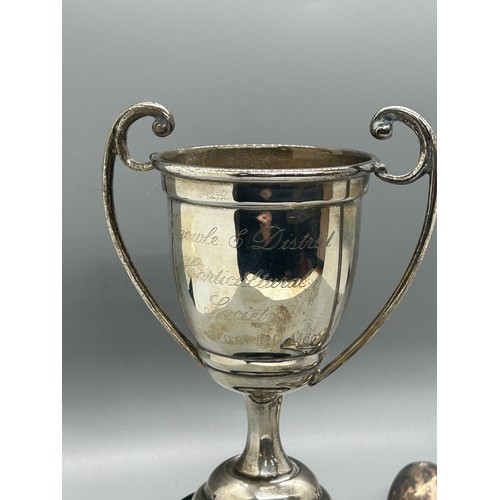 546 - Hallmarked silver trophy with wooden base, 3 silver tea spoons, approximate total silver weight 175g