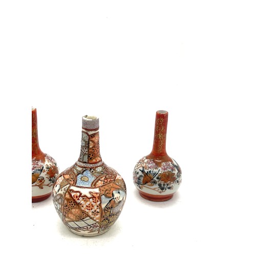 302 - Three Oriental miniature satsuma vases, tallest measures approximately 4 inches, chip to top of one ... 