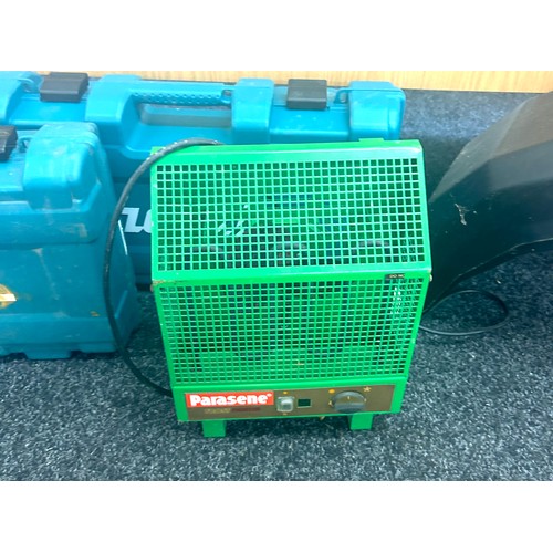 335 - Two empty Makita tool boxes a parasene heater and two trailer mud guards