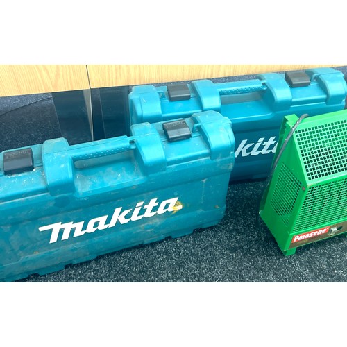 335 - Two empty Makita tool boxes a parasene heater and two trailer mud guards