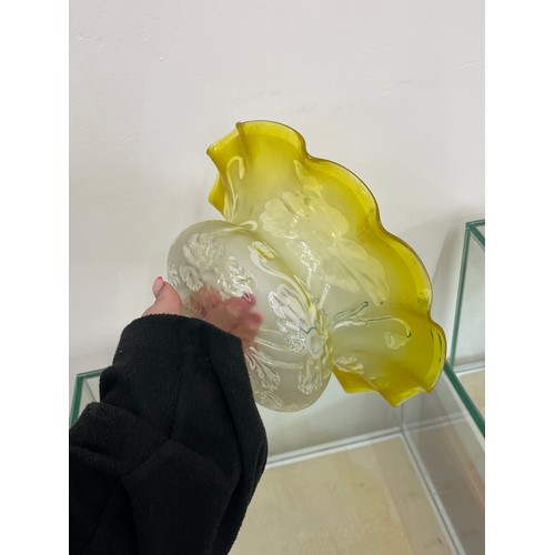 309 - Antique yellow glass oil lamp shade measures approximately 5 inches tall 10inches diameter