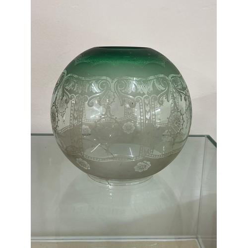 313 - Antique green glass oil lamp shade measures approximately 7 inches tall A/F