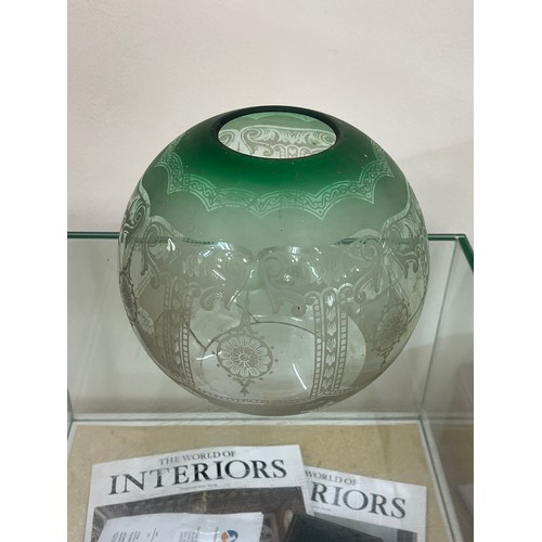 313 - Antique green glass oil lamp shade measures approximately 7 inches tall A/F