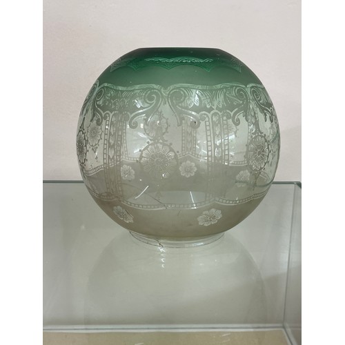 313 - Antique green glass oil lamp shade measures approximately 7 inches tall A/F