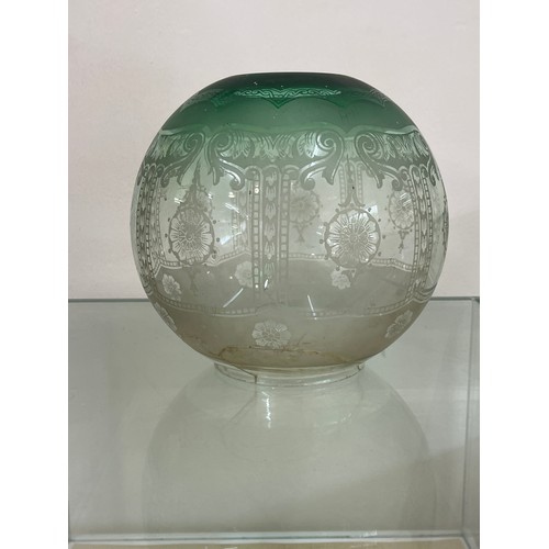 313 - Antique green glass oil lamp shade measures approximately 7 inches tall A/F