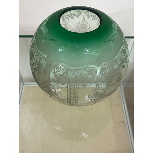 313 - Antique green glass oil lamp shade measures approximately 7 inches tall A/F