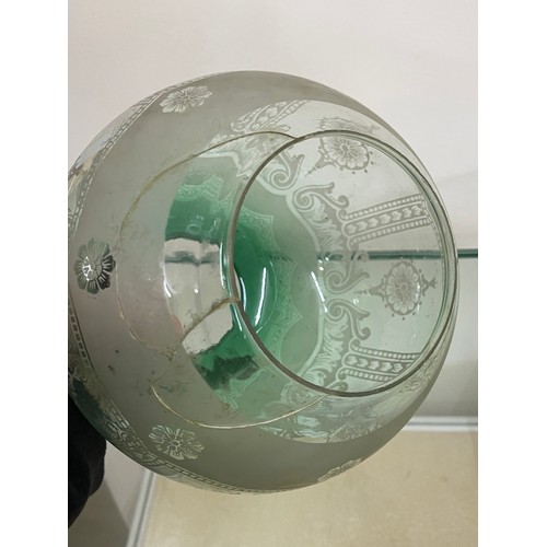 313 - Antique green glass oil lamp shade measures approximately 7 inches tall A/F