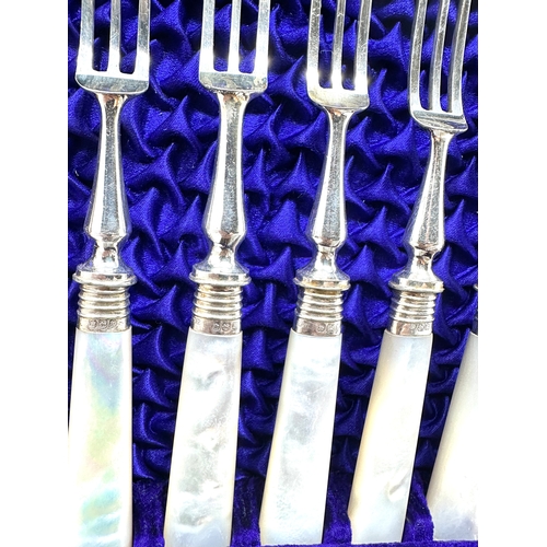 8 - Antique boxed set silver mounted & mother of pearl handled knives and 3 prong forks complete & good ... 