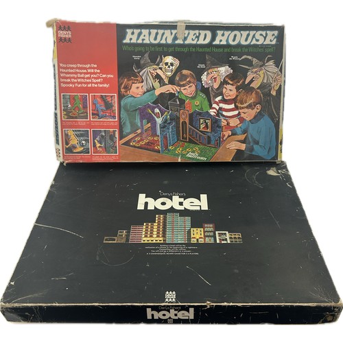 102 - 2 Vintage Denys Fisher board games to include Hotel, Haunted house, appears complete, no guarantee. ... 