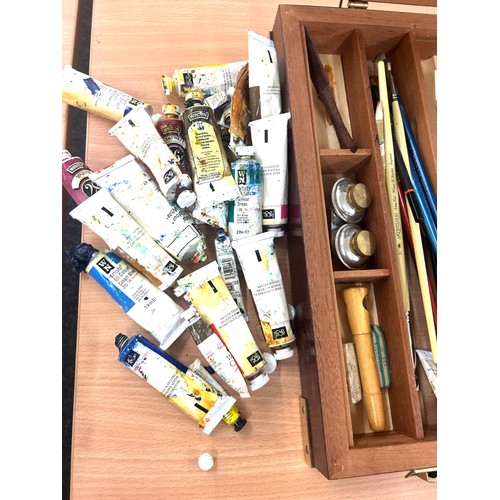 183 - Windsor and Newton cased art set with contents (used paints), brushes, card etc