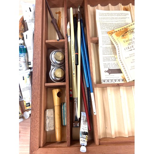 183 - Windsor and Newton cased art set with contents (used paints), brushes, card etc