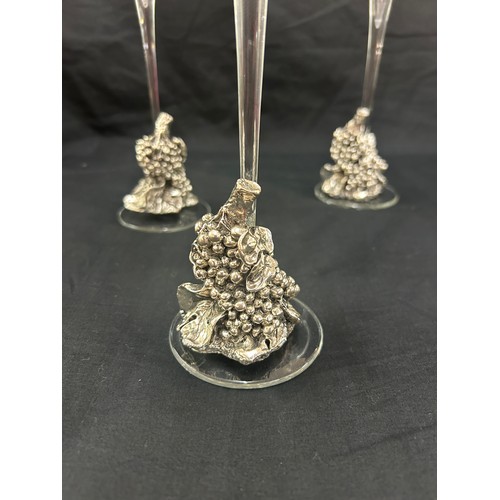 362 - Set 6 Italian champagne flute with silver plated grape detailing to base