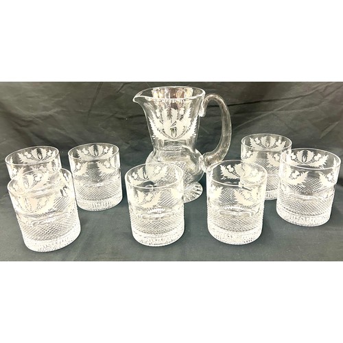 367 - Edinburgh Thistle crystal glass whisky jug together with 7 old fashioned whiskey glasses / tumblers