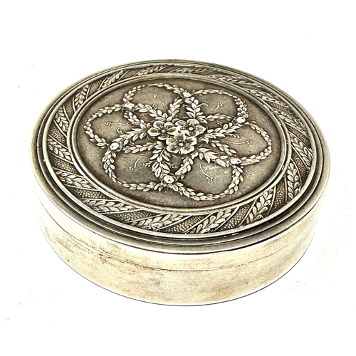 12 - Antique French silver table snuff box measures approx 6.5cm dia height 16mm