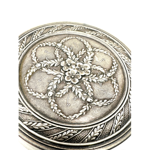 12 - Antique French silver table snuff box measures approx 6.5cm dia height 16mm