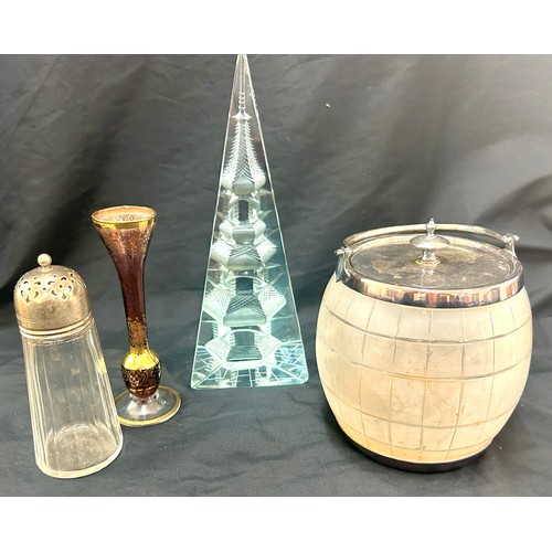 45 - Murano gold detailing posy vase, pyramid glass ornament with Pegoda design, Maplin and Webb silver p... 