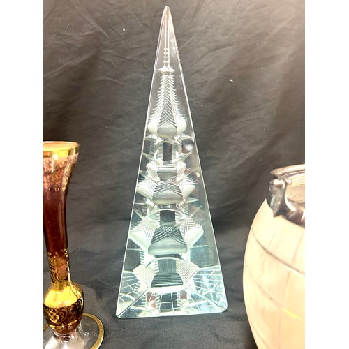 45 - Murano gold detailing posy vase, pyramid glass ornament with Pegoda design, Maplin and Webb silver p... 