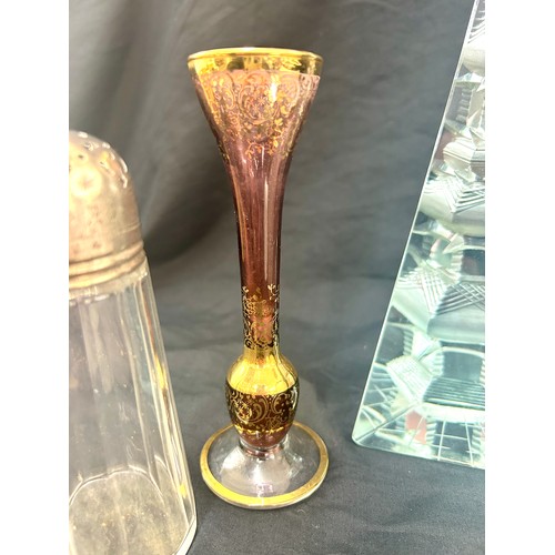 45 - Murano gold detailing posy vase, pyramid glass ornament with Pegoda design, Maplin and Webb silver p... 