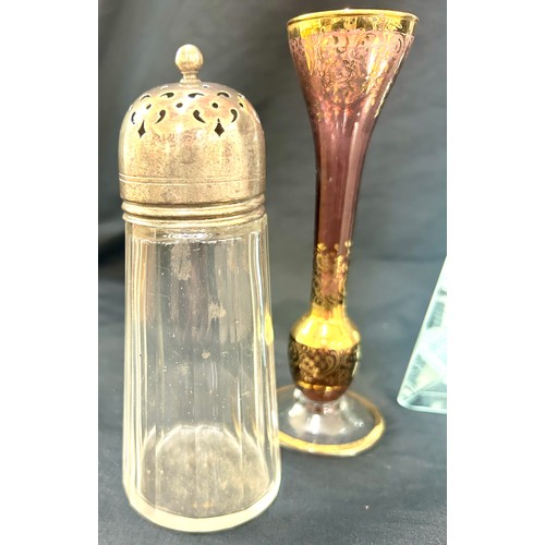 45 - Murano gold detailing posy vase, pyramid glass ornament with Pegoda design, Maplin and Webb silver p... 