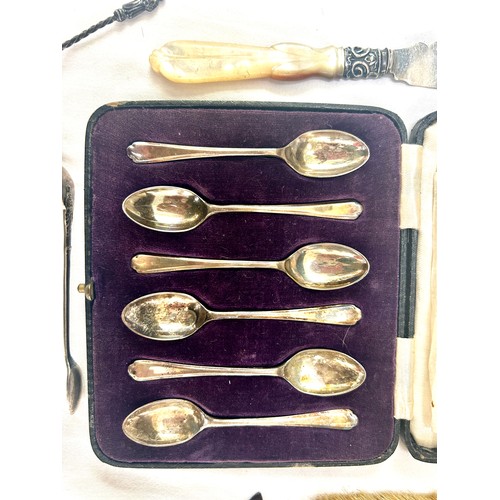 377 - Selection of silver pieces to include set cased 6 teaspoons, berry spoon, silver brush, letter opene... 