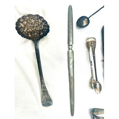 377 - Selection of silver pieces to include set cased 6 teaspoons, berry spoon, silver brush, letter opene... 