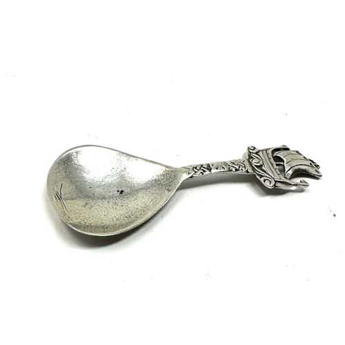 20 - Antique silver tea caddy spoon viking ship handle makers mark chester S&Co