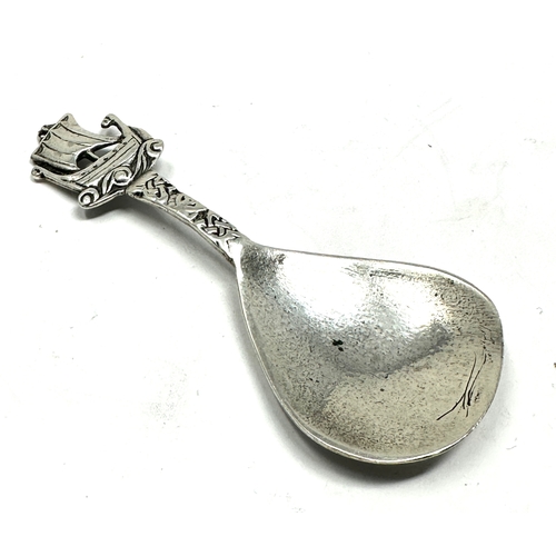 20 - Antique silver tea caddy spoon viking ship handle makers mark chester S&Co