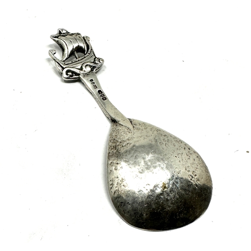 20 - Antique silver tea caddy spoon viking ship handle makers mark chester S&Co