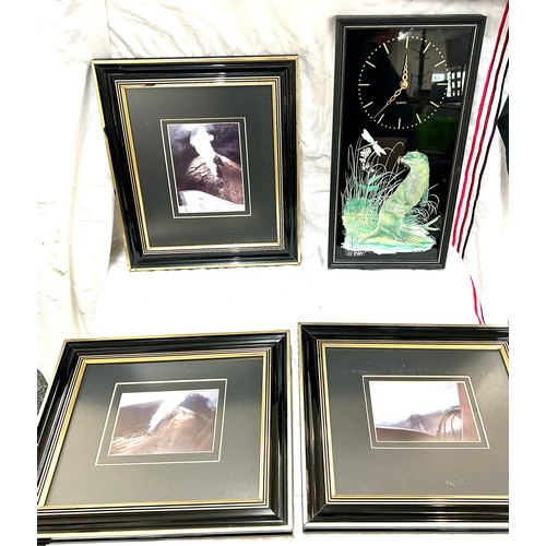 47 - 3 various pictures and a picture clock, largest frame measures approximately Height 13 inches, Width... 