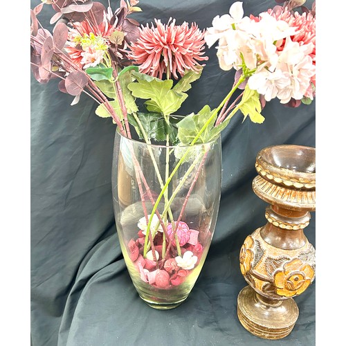 130 - 2 Vases, glass and wooden, tallest measures approximately 17 inches