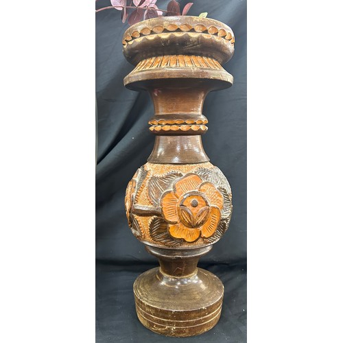 130 - 2 Vases, glass and wooden, tallest measures approximately 17 inches