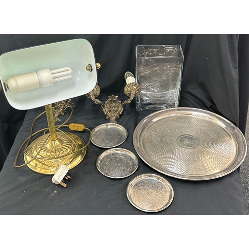 182 - Selection of collectables to include desk lamp, wall lamps, silver plated tray, silver plated coaste... 