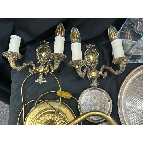 182 - Selection of collectables to include desk lamp, wall lamps, silver plated tray, silver plated coaste... 