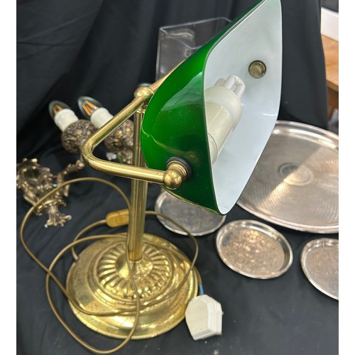 182 - Selection of collectables to include desk lamp, wall lamps, silver plated tray, silver plated coaste... 