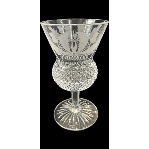 369 - Set of 7 Edinburgh crystal wine goblets all engraved with thistles around the flared borders above d... 